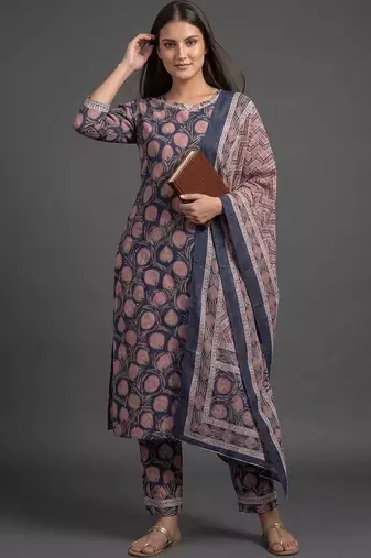 tailored women printed kurta with trousers with dupatta
