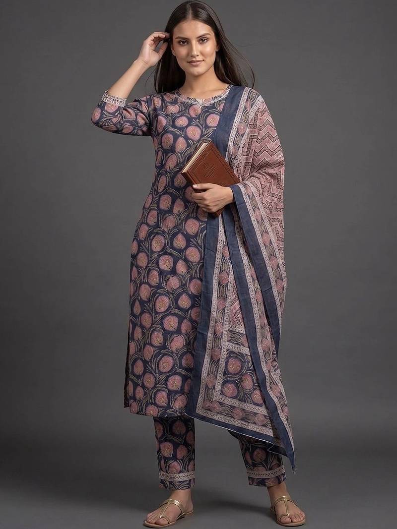 tailored women printed kurta with trousers with dupatta
