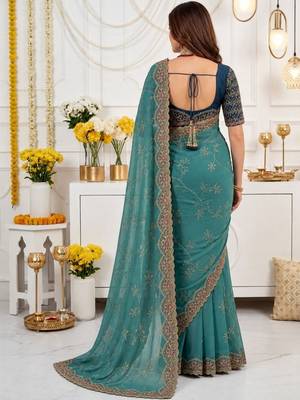 teal floral embroidered poly georgette heavy work saree 2