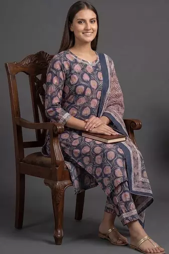 tailored women printed kurta with trousers with dupatta