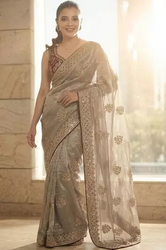 grey embellished zari sequinned satin heavy work saree