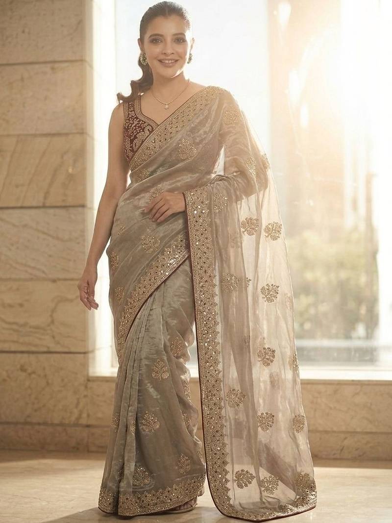 grey embellished zari sequinned satin heavy work saree