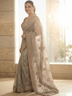 grey embellished zari sequinned satin heavy work saree 2