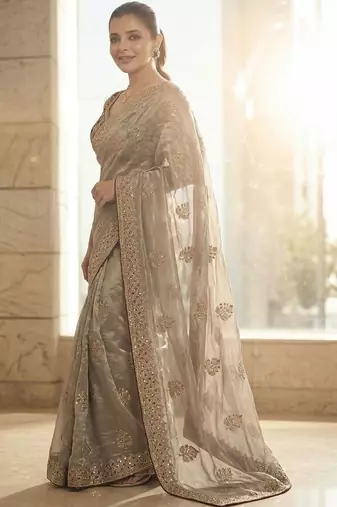 grey embellished zari sequinned satin heavy work saree
