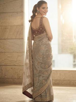 grey embellished zari sequinned satin heavy work saree 3