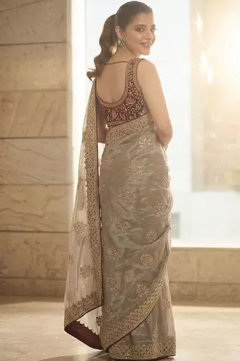 grey embellished zari sequinned satin heavy work saree