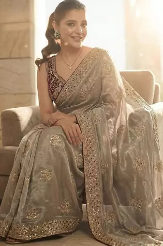 grey embellished zari sequinned satin heavy work saree