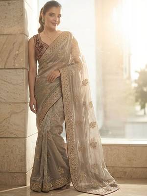 grey embellished zari sequinned satin heavy work saree 5
