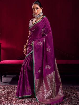 purple ethnic motifs woven design zari pure linen banarasi saree with blouse piece 1