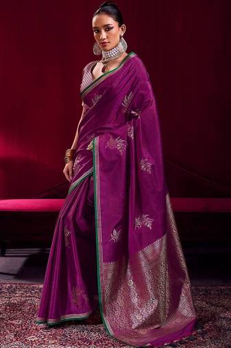 purple ethnic motifs woven design zari pure linen banarasi saree with blouse piece