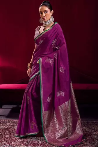 purple ethnic motifs woven design zari pure linen banarasi saree with blouse piece