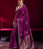 purple ethnic motifs woven design zari pure linen banarasi saree with blouse piece