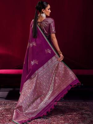 purple ethnic motifs woven design zari pure linen banarasi saree with blouse piece 2