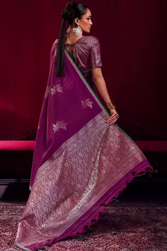 purple ethnic motifs woven design zari pure linen banarasi saree with blouse piece
