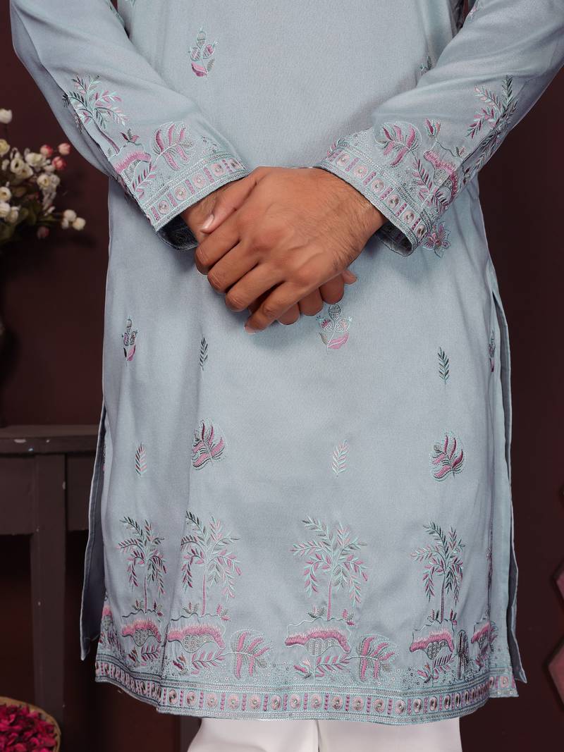 Light green premium smart silk embroidery sequence work premium designer only kurta