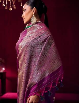 purple ethnic motifs woven design zari pure linen banarasi saree with blouse piece 3