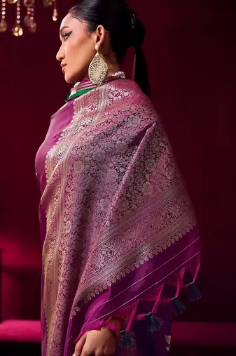 purple ethnic motifs woven design zari pure linen banarasi saree with blouse piece