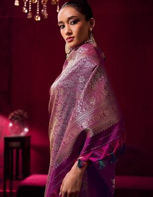 purple ethnic motifs woven design zari pure linen banarasi saree with blouse piece 4