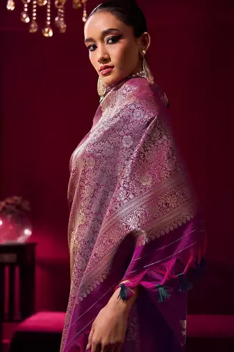 purple ethnic motifs woven design zari pure linen banarasi saree with blouse piece