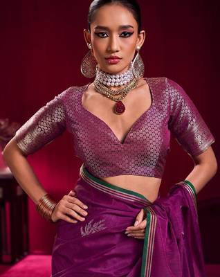 purple ethnic motifs woven design zari pure linen banarasi saree with blouse piece 5