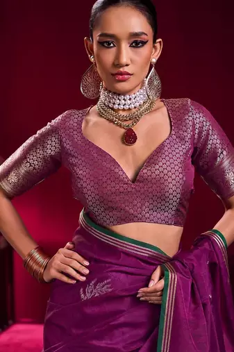 purple ethnic motifs woven design zari pure linen banarasi saree with blouse piece