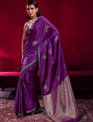 purple ethnic motifs woven design zari pure linen banarasi saree with blouse piece 1