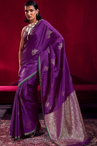 purple ethnic motifs woven design zari pure linen banarasi saree with blouse piece