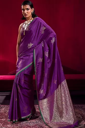 purple ethnic motifs woven design zari pure linen banarasi saree with blouse piece