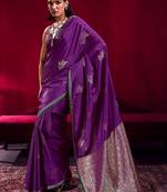 purple ethnic motifs woven design zari pure linen banarasi saree with blouse piece
