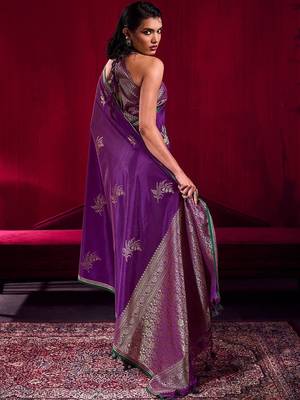 purple ethnic motifs woven design zari pure linen banarasi saree with blouse piece 2