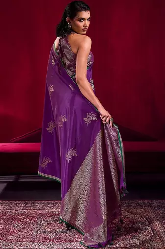 purple ethnic motifs woven design zari pure linen banarasi saree with blouse piece