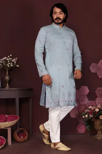 Light green premium smart silk embroidery sequence work premium designer kurta pajama