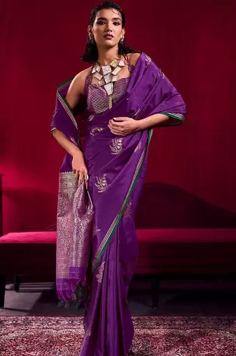 purple ethnic motifs woven design zari pure linen banarasi saree with blouse piece
