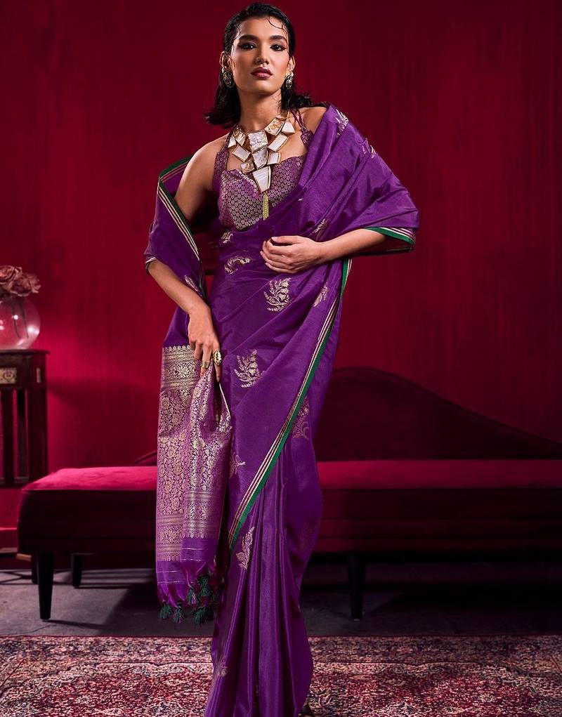 purple ethnic motifs woven design zari pure linen banarasi saree with blouse piece