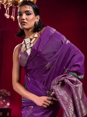 purple ethnic motifs woven design zari pure linen banarasi saree with blouse piece 4