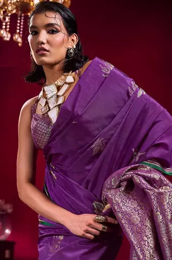purple ethnic motifs woven design zari pure linen banarasi saree with blouse piece