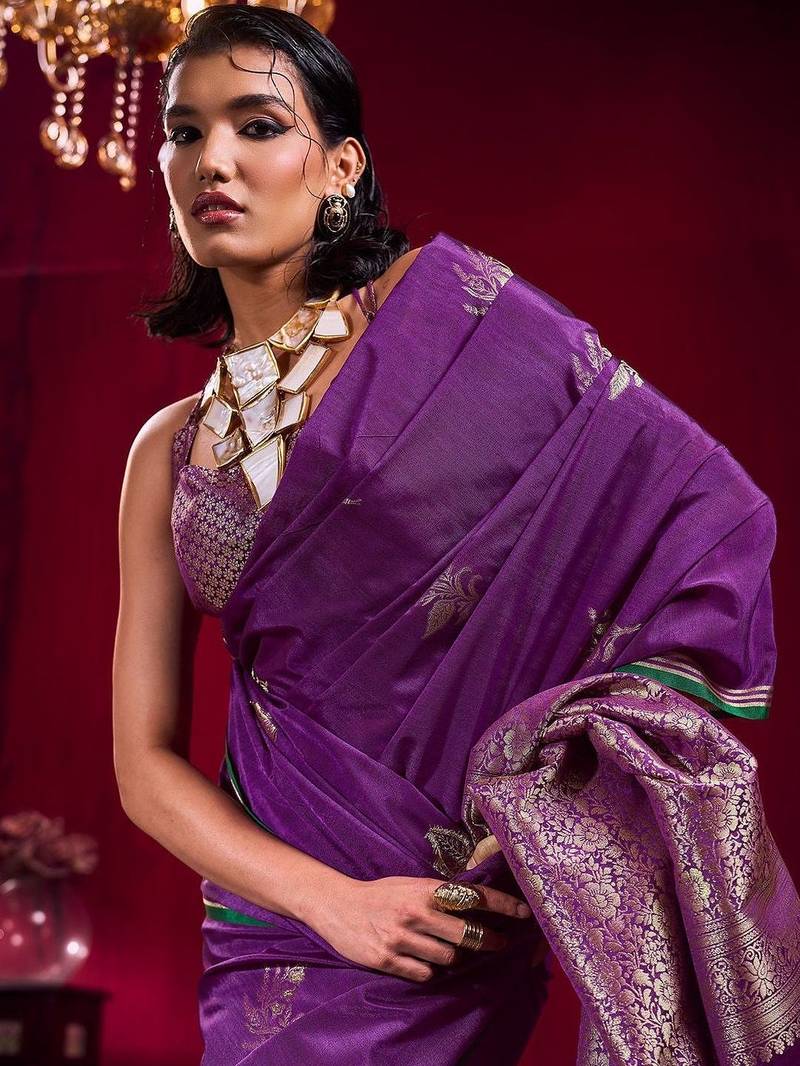 purple ethnic motifs woven design zari pure linen banarasi saree with blouse piece