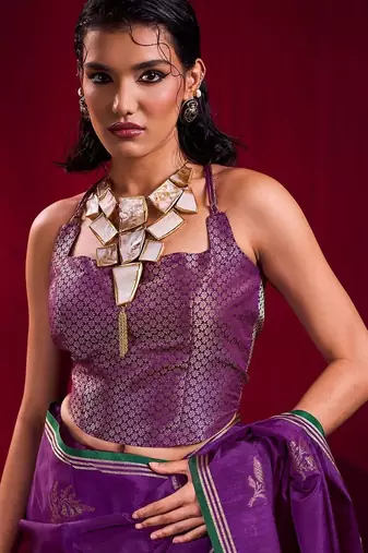 purple ethnic motifs woven design zari pure linen banarasi saree with blouse piece