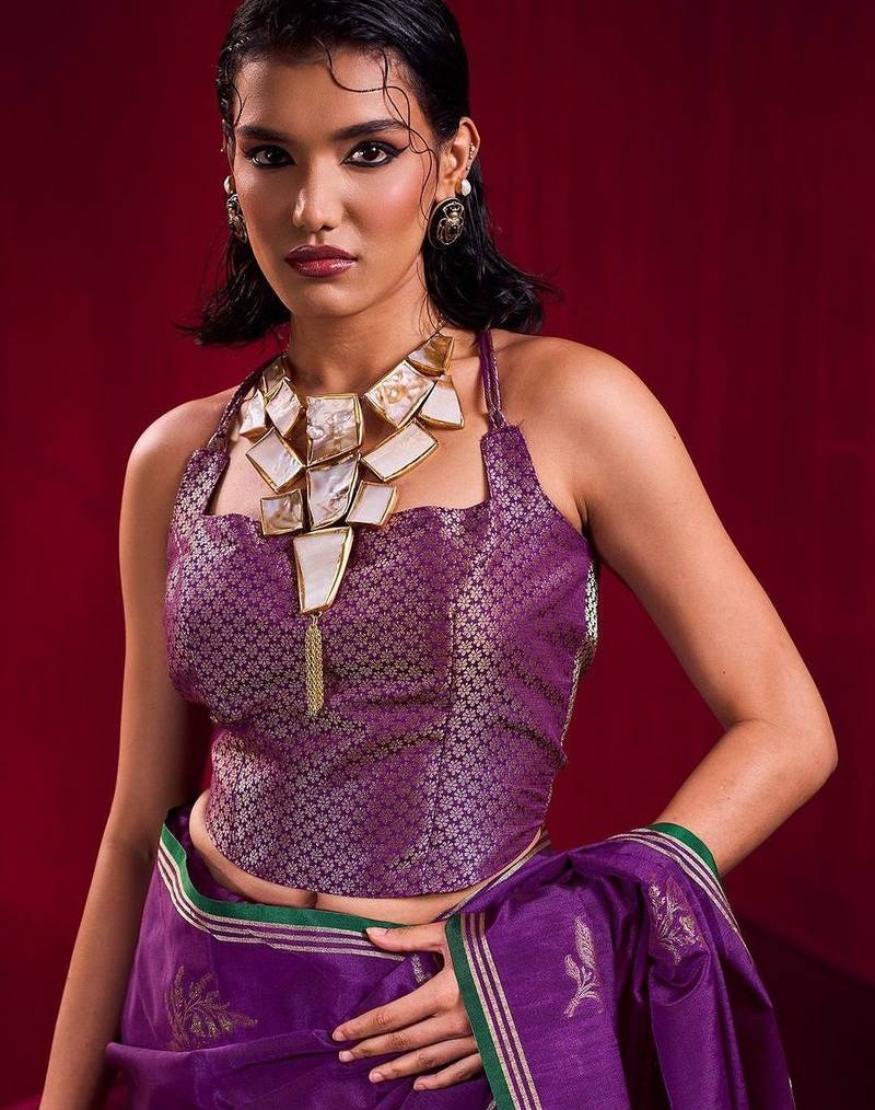 purple ethnic motifs woven design zari pure linen banarasi saree with blouse piece