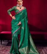 green woven design zari pure linen banarasi saree with blouse piece