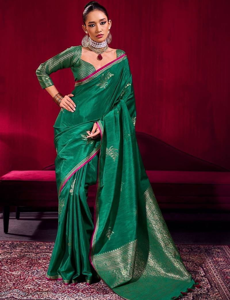 green woven design zari pure linen banarasi saree with blouse piece