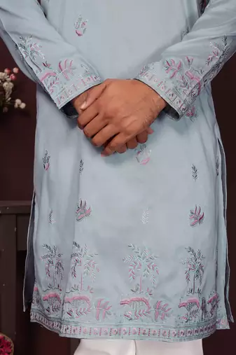 Light green premium smart silk embroidery sequence work premium designer kurta pajama