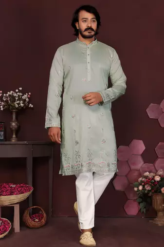 Light sky blue premium smart silk embroidery sequence work premium designer only kurta
