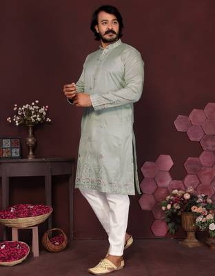 Light sky blue premium smart silk embroidery sequence work premium designer only kurta 2