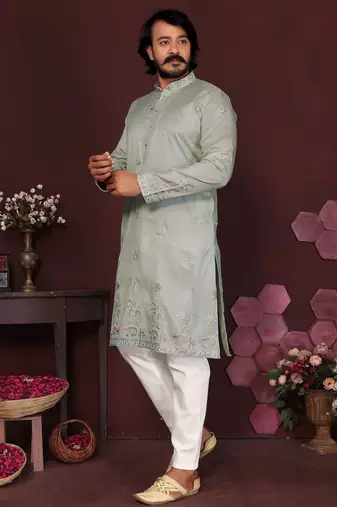 Light sky blue premium smart silk embroidery sequence work premium designer only kurta