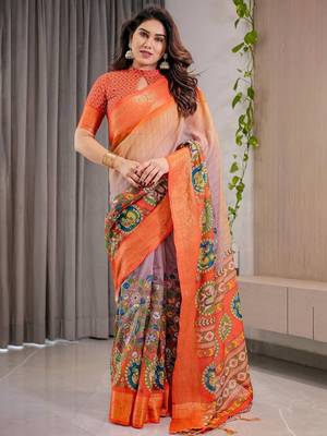 orange ethnic motifs printed cotton saree 1