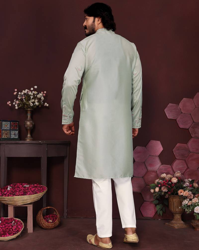 Light sky blue premium smart silk embroidery sequence work premium designer only kurta
