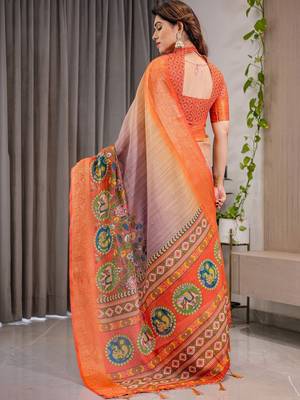 orange ethnic motifs printed cotton saree 3
