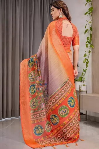 orange ethnic motifs printed cotton saree