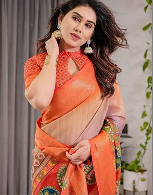 orange ethnic motifs printed cotton saree 4